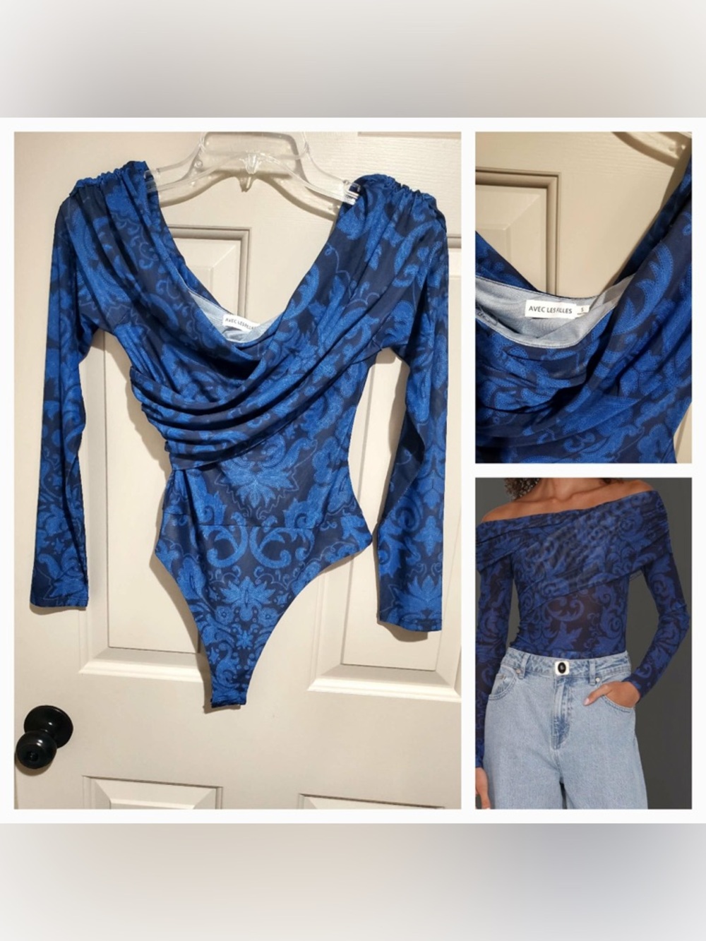 Avec Les Filles Royal Blue off shoulder Draped Long-Sleeve One-Piece Bodysuit